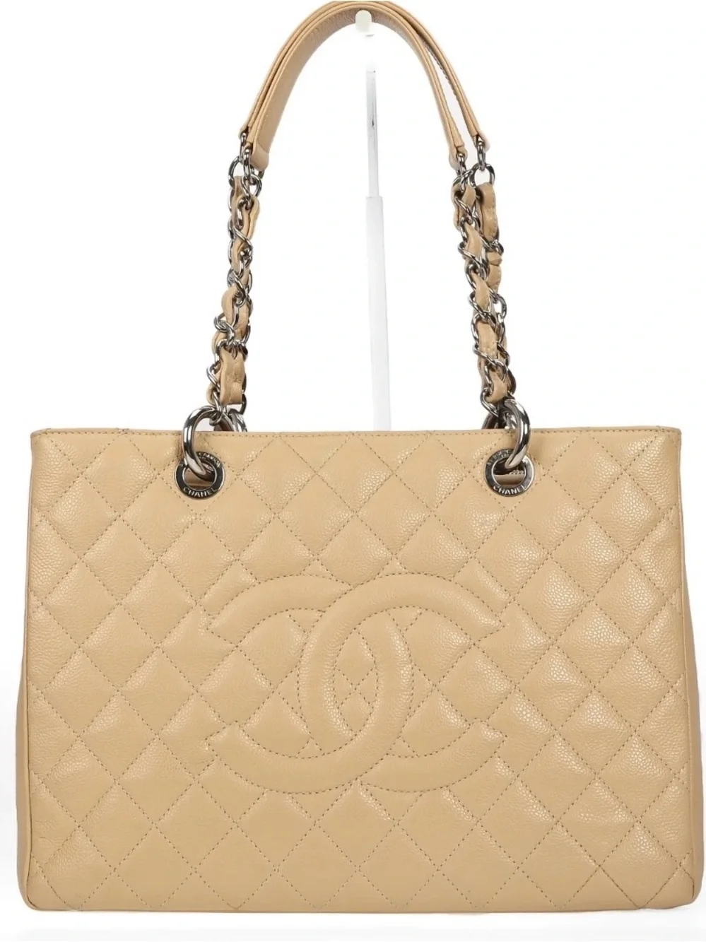 Chanel Beige Quilted Cavier Leather Grand Shopping Tote Bag with Silver hardware